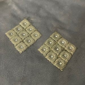 Gold square earrings with rhinestone inlay